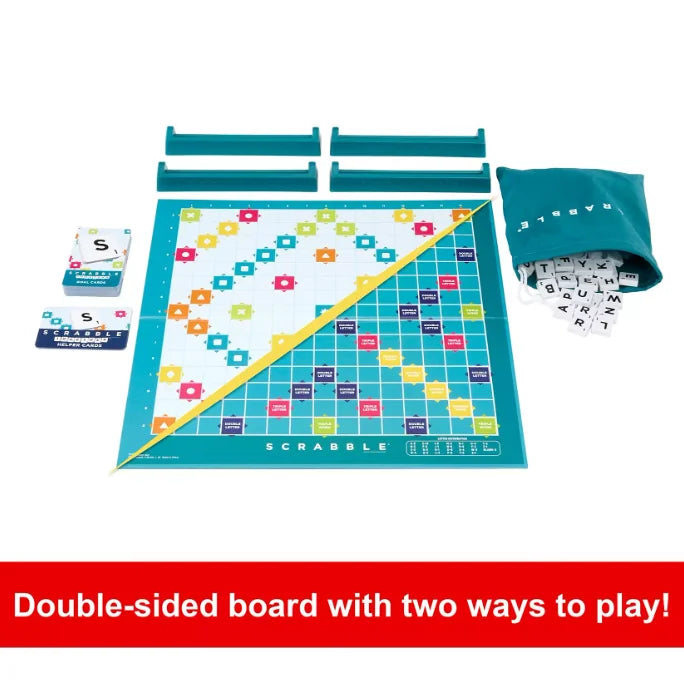 Scrabble 2 Games In 1 double-sided board setup with tiles, racks, bag and goal cards