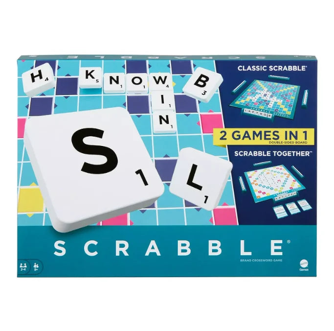 Scrabble 2 Games In 1 box showing classic Scrabble and Scrabble Together game modes in teal packaging