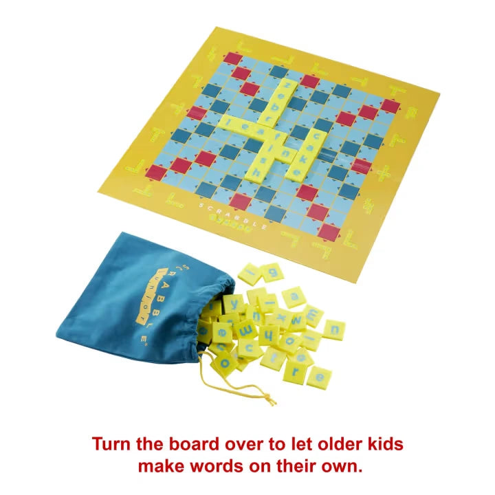 Scrabble Junior advanced board with loose letter tiles and blue Scrabble tile bag