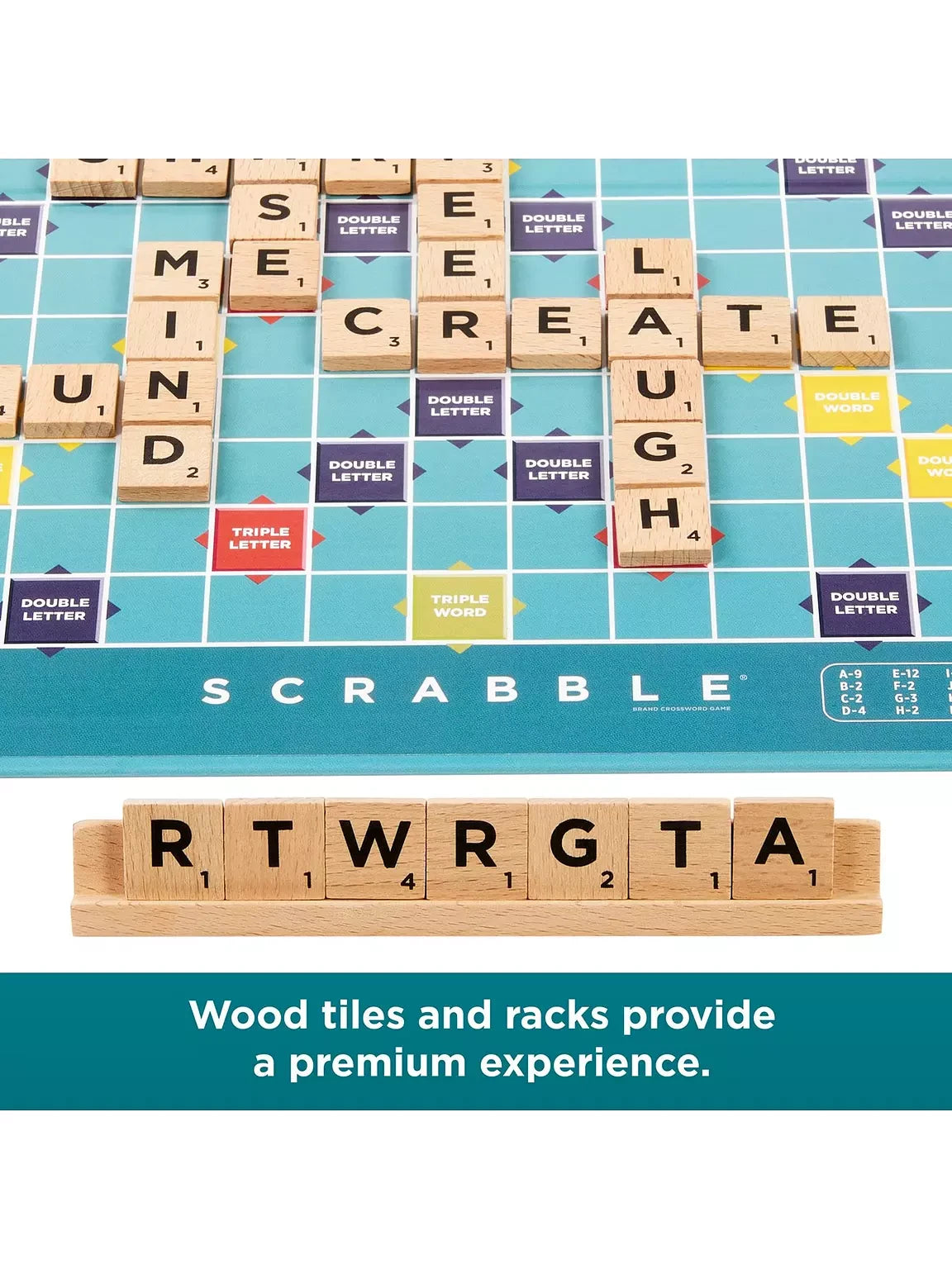 Close-up of the Scrabble board with wooden letter tiles and rack
