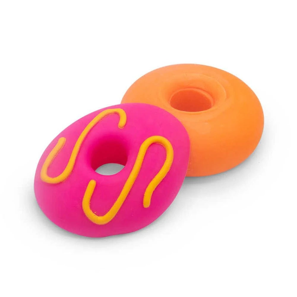 Scrunchems Donut Squishy with pink icing and yellow decoration separated from the orange donut