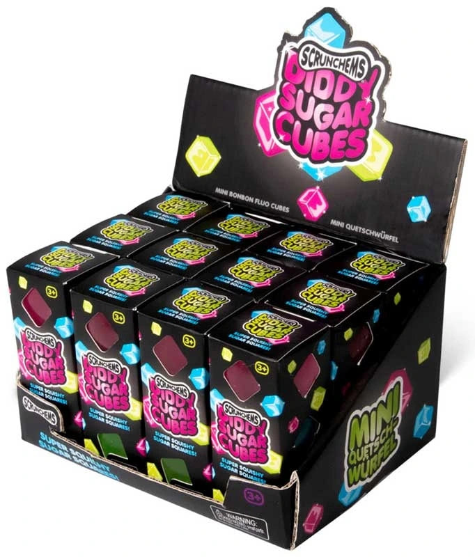 Scrunchems Mini Sugar Cubes retail display tray filled with individual black boxes in assorted cube colours
