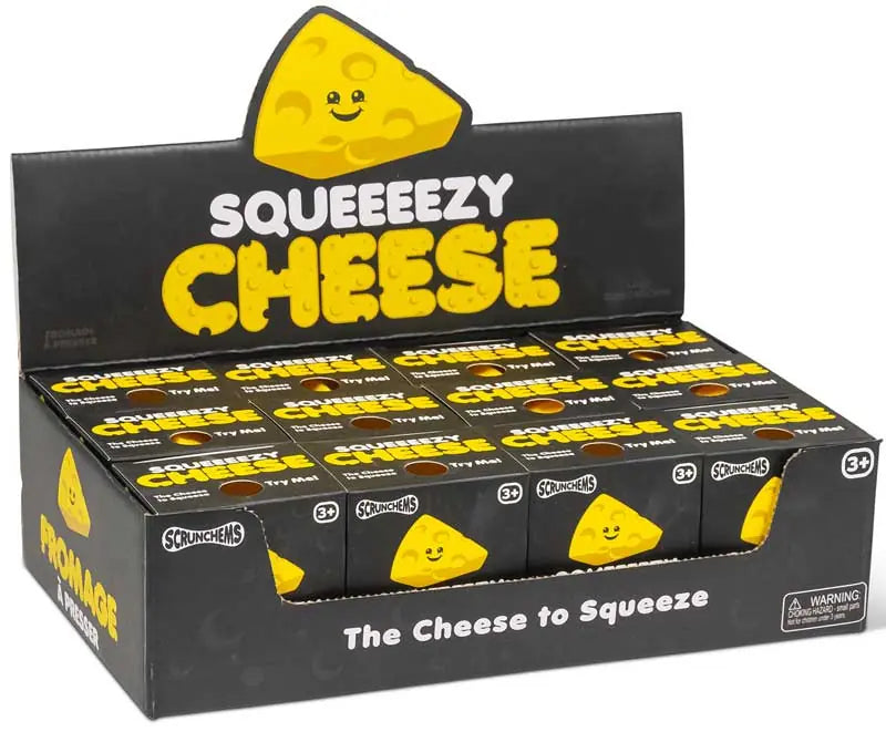 Scrunchems Squeezy Cheese retail display box filled with individually boxed cheese squishies