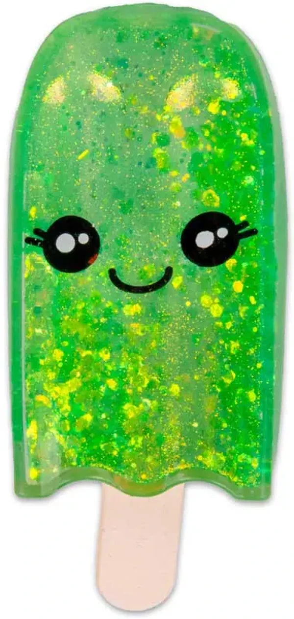 Green Scrunchems Sugar Ice Lolly with glitter pieces, smiling face and wooden style stick