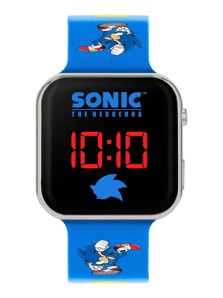 Close-up of Sega Sonic the Hedgehog LED watch dial with bold red time display and Sonic character design in Ireland.