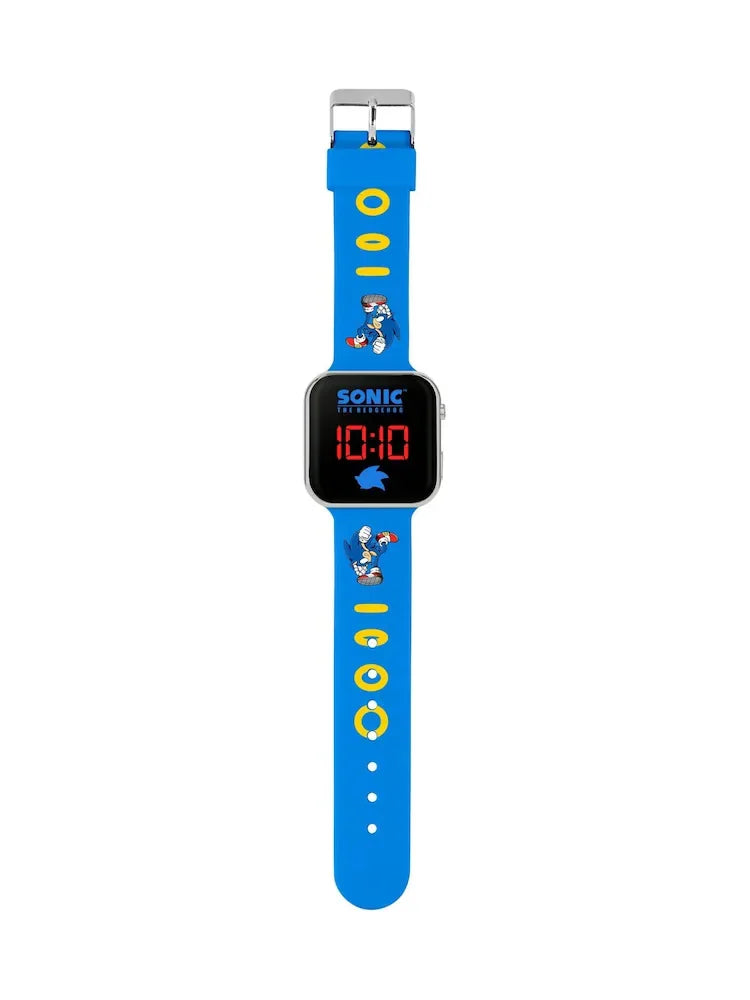 Full view of Sega Sonic the Hedgehog LED watch showing blue strap with rings and dynamic Sonic action graphics in Ireland.