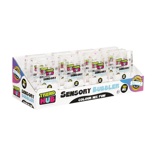 Brainstorm Sensory Motion Bubbler Stair retail display containing individually packaged Trend Hub liquid bubblers, viewed at an angle