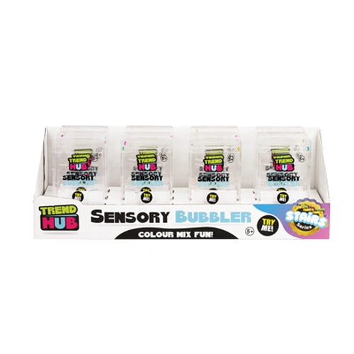 Front view of Brainstorm Trend Hub Sensory Bubbler Stair retail display containing multiple individually packaged liquid bubblers