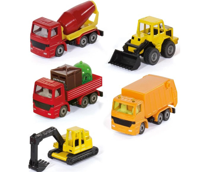 Siku construction vehicles from gift set 6283 including bulldozer, truck, and cement