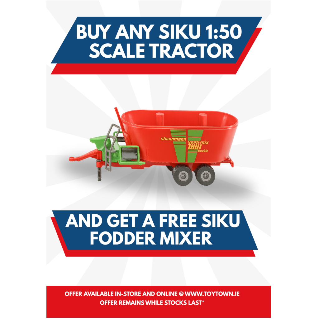 Promotional advertisement for Siku 1:50 scale tractor with a free fodder mixer offer.