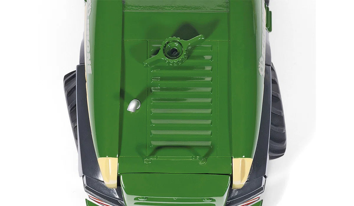 Close top view of the Siku Krone BiG X 580 Forage Harvester 4066 with an engine panel opened to reveal the internal engine detail