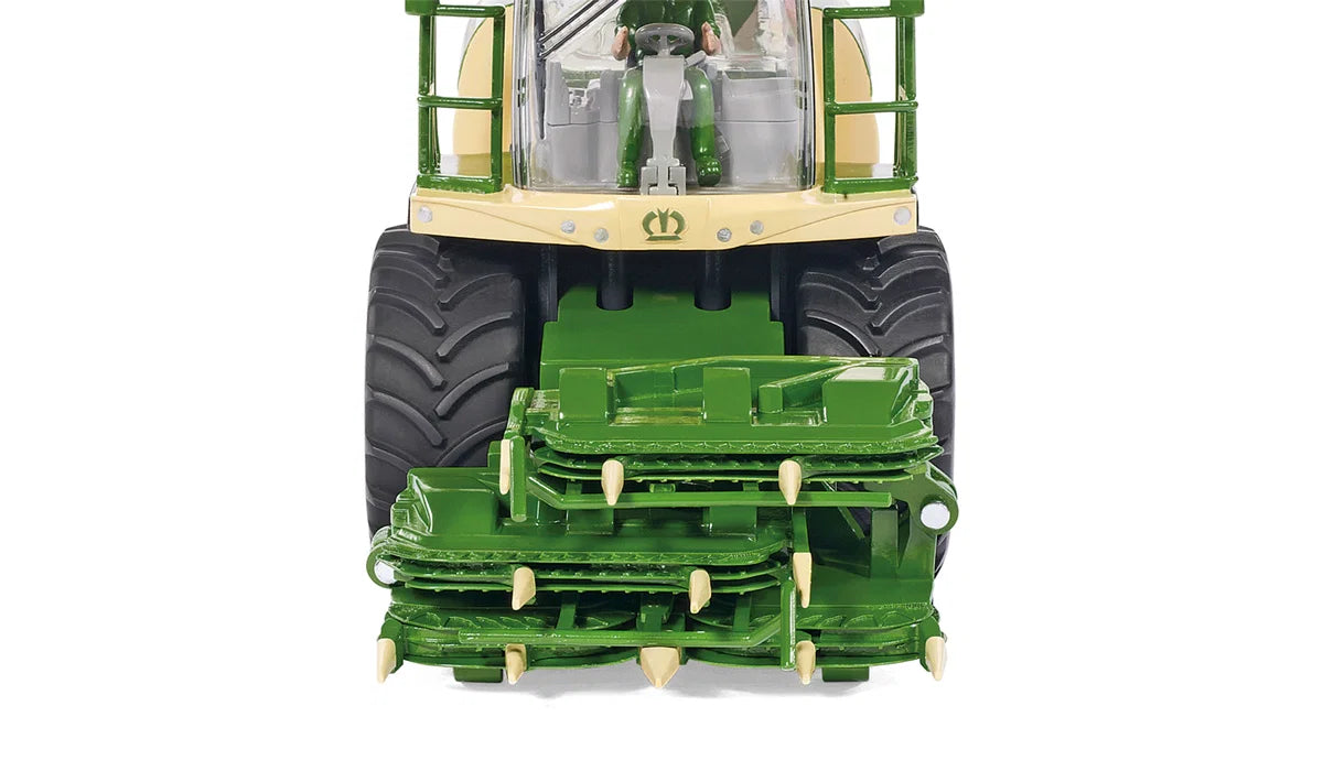 Front view of the Siku Krone BiG X 580 Forage Harvester 4066 with the maize header folded into its narrow transport position