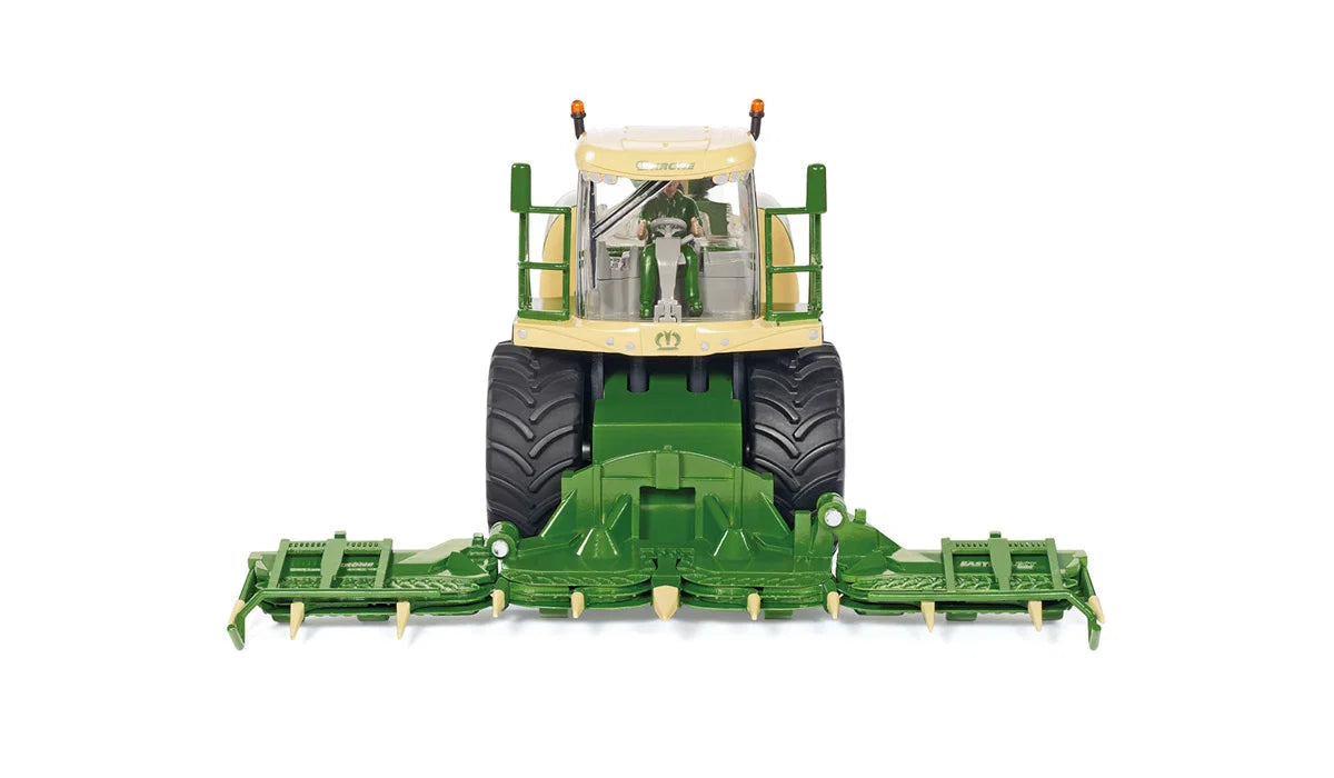 Front view of the Siku Krone BiG X 580 Forage Harvester 4066 with the wide maize header fully extended across the machine