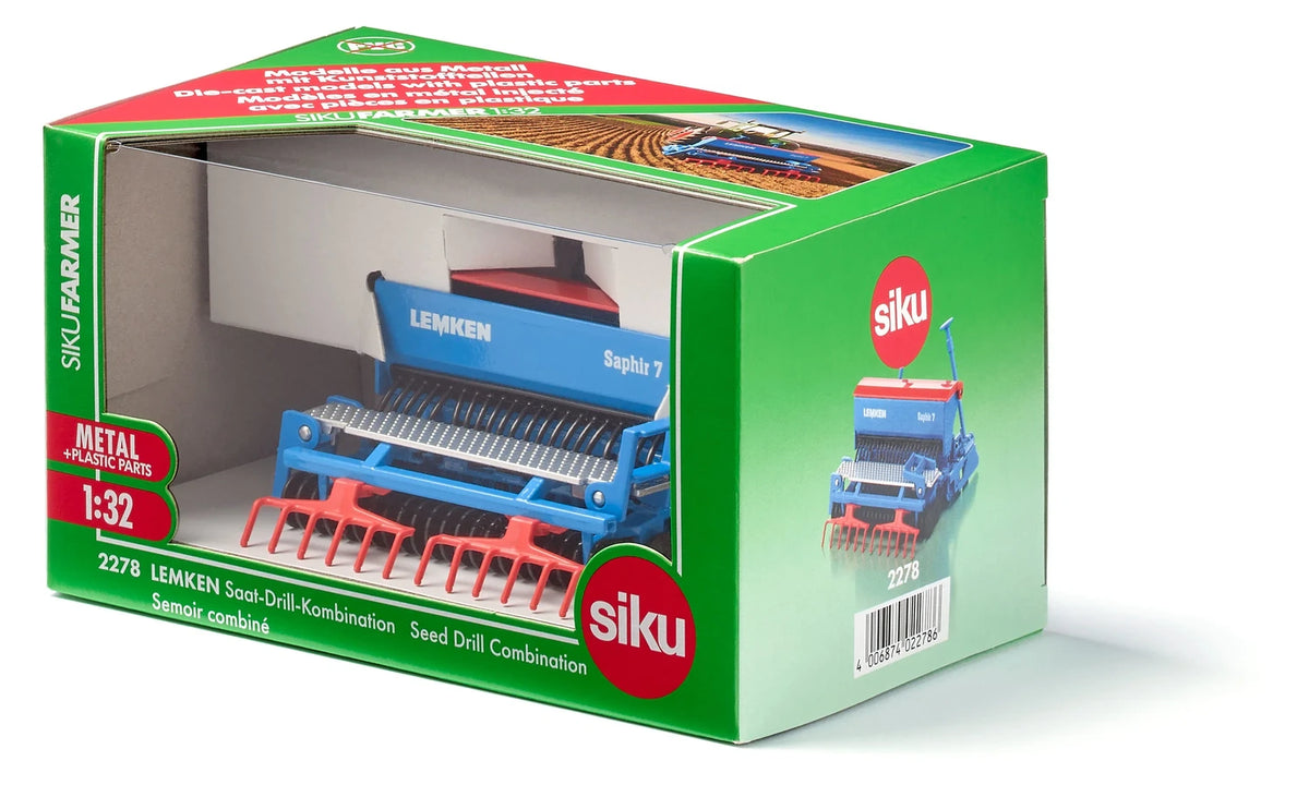 Siku Lemken Seed Drill Combination 2278 in its green Siku Farmer retail box with the blue and red model visible through the front window
