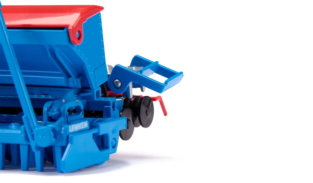 Close view of the Siku Lemken Seed Drill Combination 2278 with the blue lowering frame raised above the black disc components