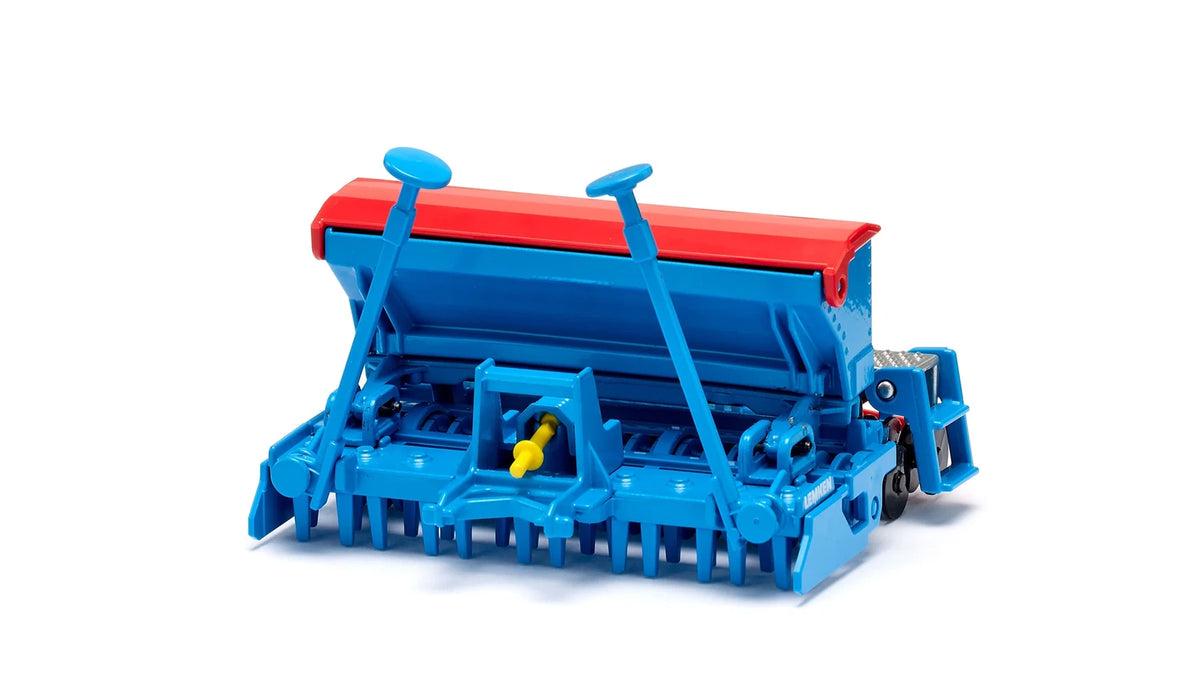 Rear angled view of the Siku Lemken Seed Drill Combination 2278 showing the raised track markers, rear linkage and working components