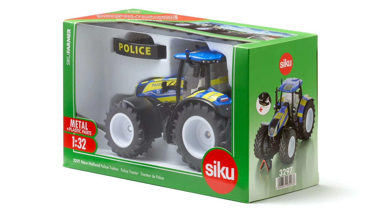 Siku New Holland Police Tractor 3297 in its green Siku Farmer retail box with the blue Police tractor visible through the front window