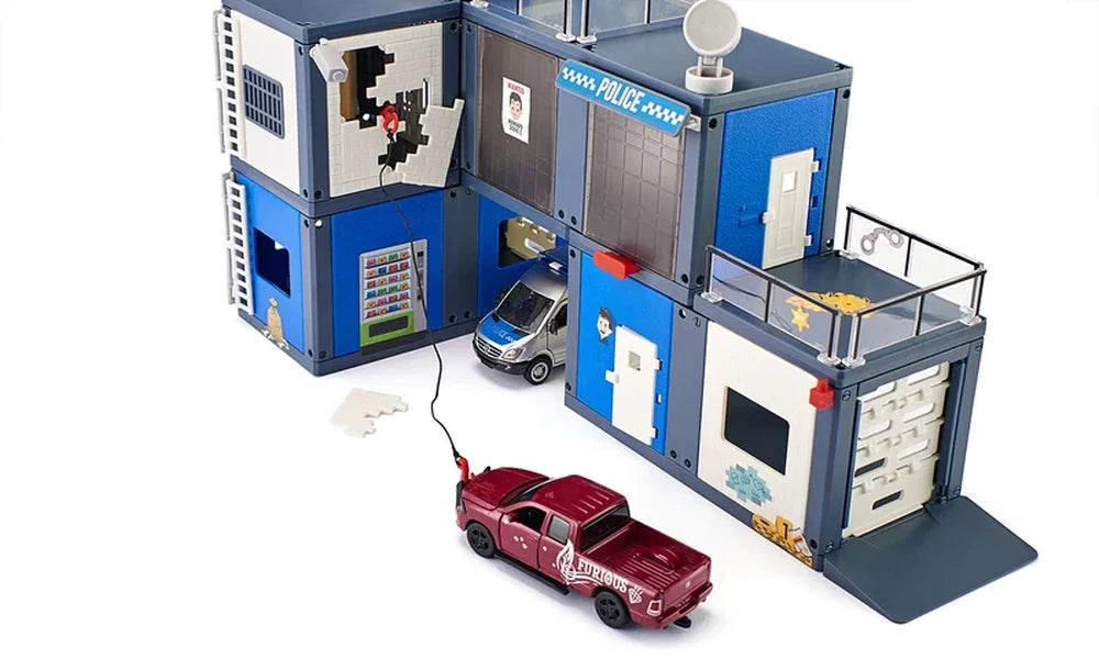 Siku Police Station 5510 open modular building with Dodge RAM 1500 and Mercedes Benz police Sprinter outside