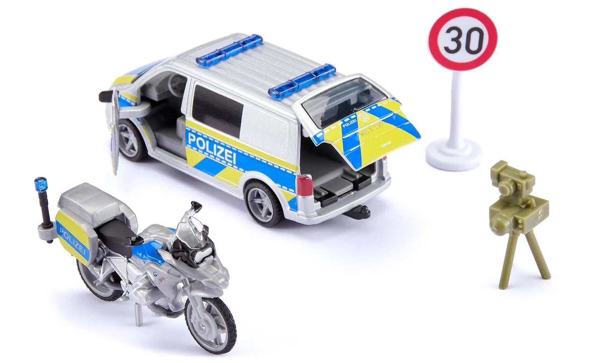 Siku VW T6 with BMW Police Motorbike 2562 showing the van with side door and rear tailgate open beside the motorbike, speed camera and road sign
