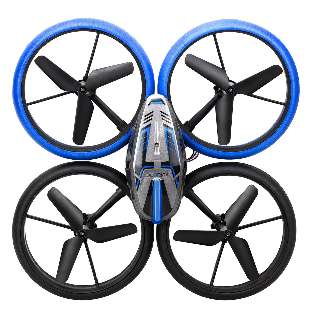 Silverlit Flybotic Bumper Drone Vision top view showing four propellers with blue and black protective rings