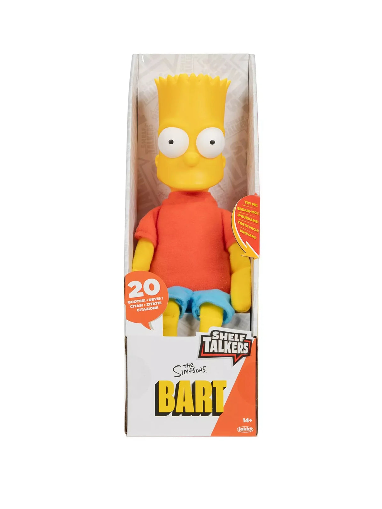 Boxed Bart Simpson Shelf Talker plush with sculpted head and 20 quotes badge on front packaging in Ireland
