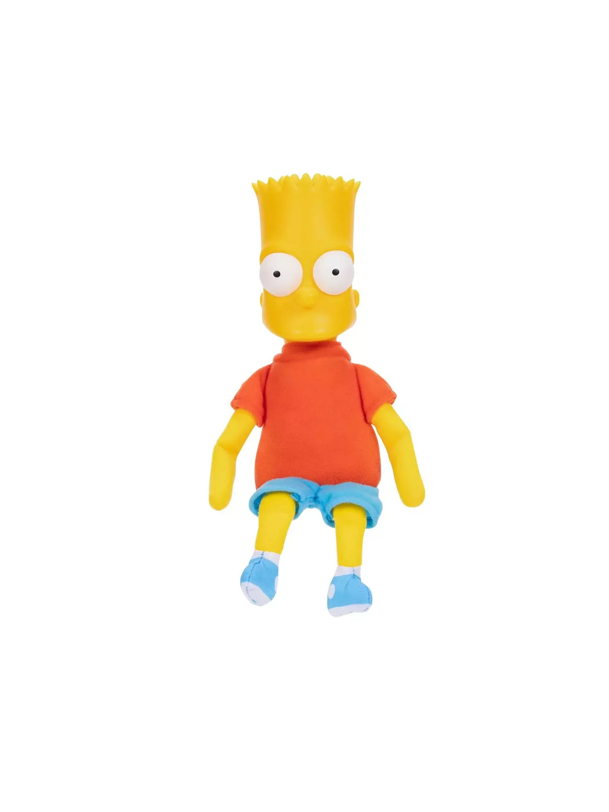 Front view of Bart Simpson Shelf Talker plush with red shirt and blue shorts seated on white background in Ireland