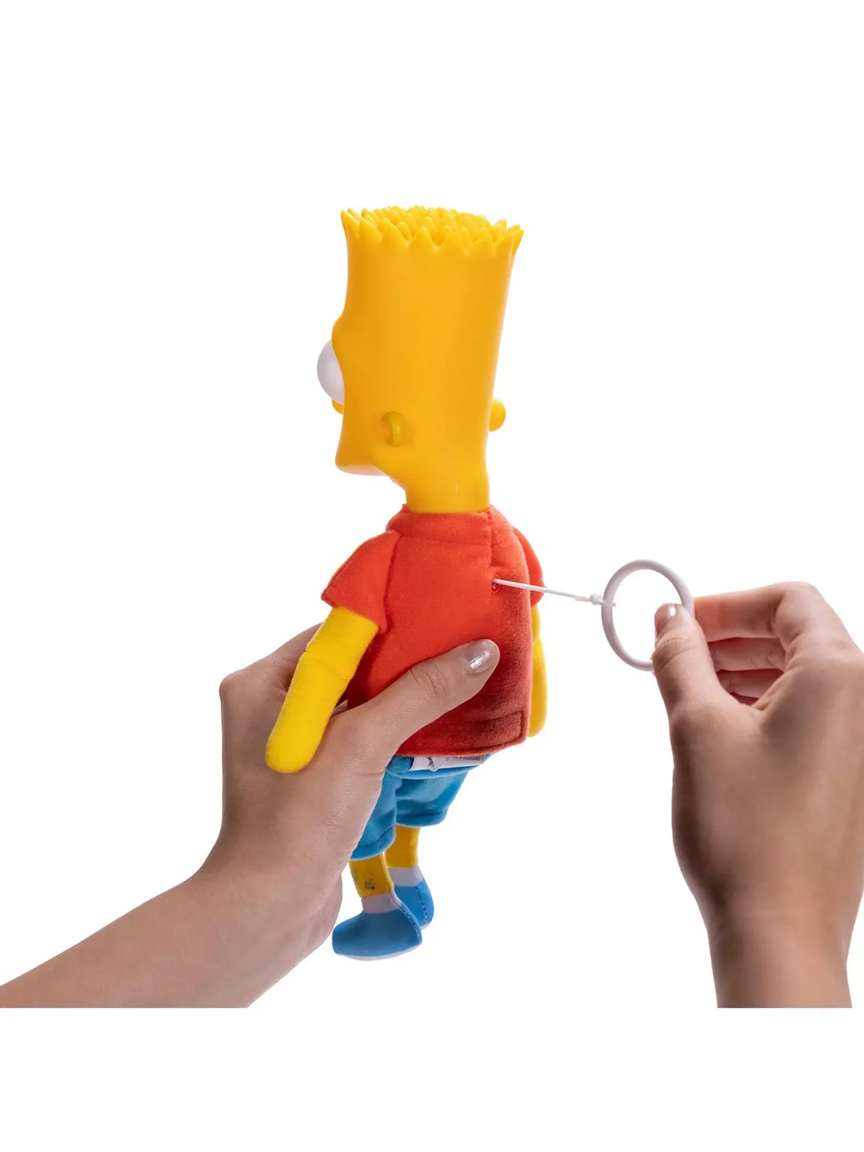 Bart Shelf Talker being activated by pulling the voice string on back of figure with hand shown in Ireland