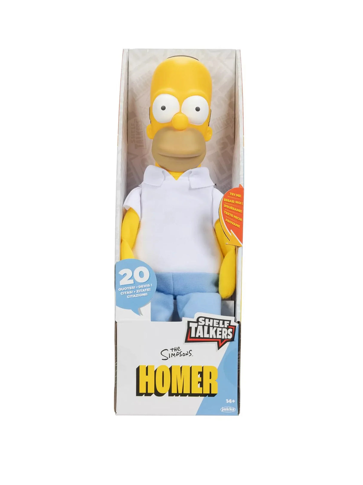 Boxed Homer Simpson Shelf Talker plush showing 20 quotes badge and Shelf Talkers branding on packaging in Ireland