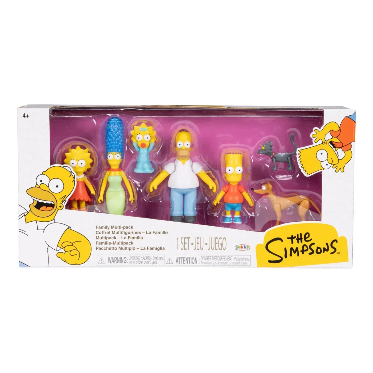 Simpsons figure multipack in display packaging featuring Homer, Marge, Bart, Lisa, Maggie, Santa’s Little Helper and Snowball II in Ireland