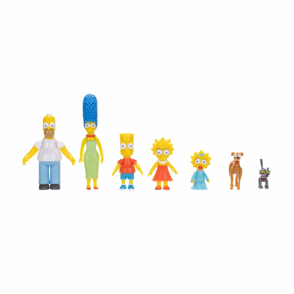 Lineup of all seven Simpsons characters standing upright in size order against a white background in Ireland