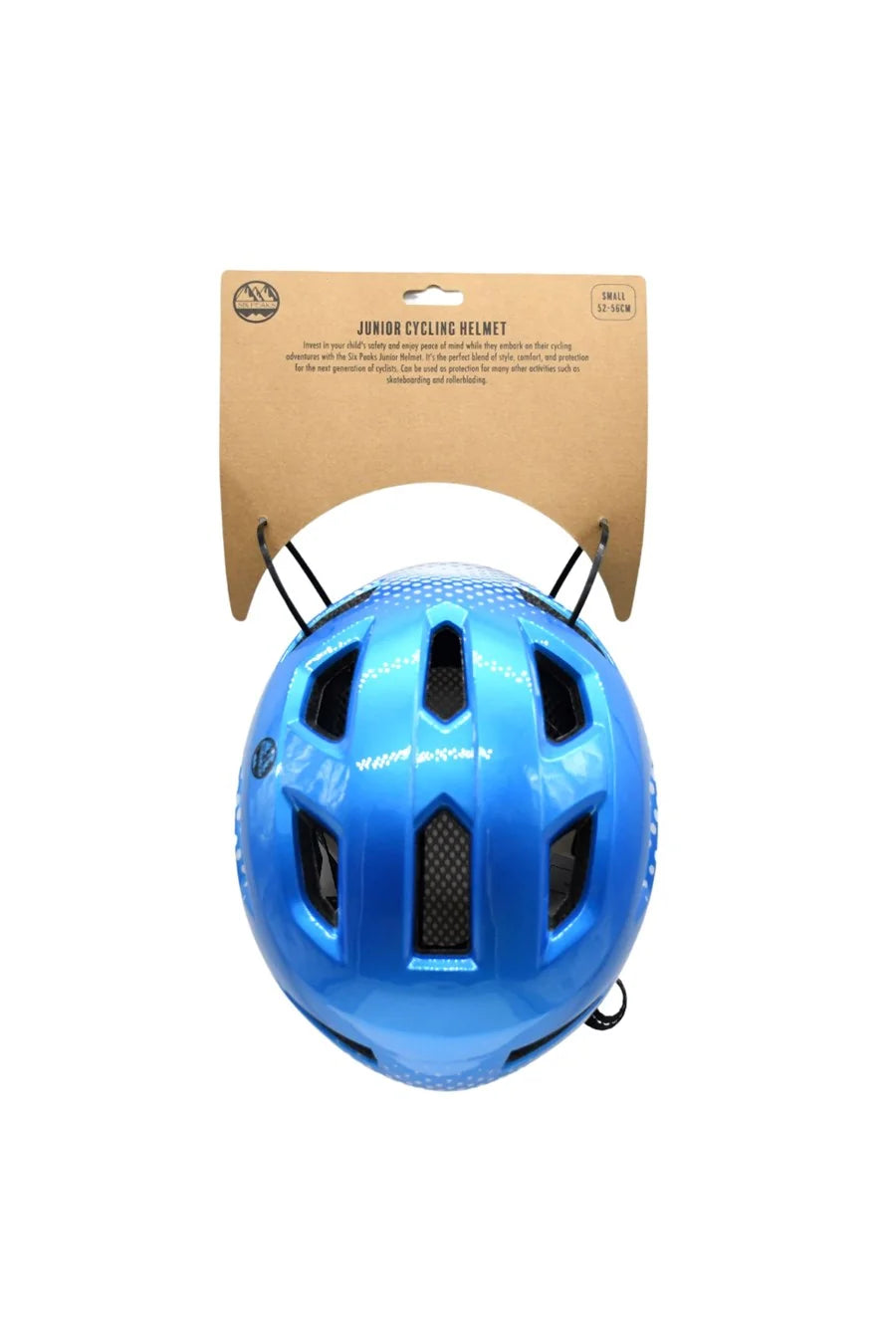 Top view of a blue junior cycling helmet attached to retail backing card showing ventilation slots