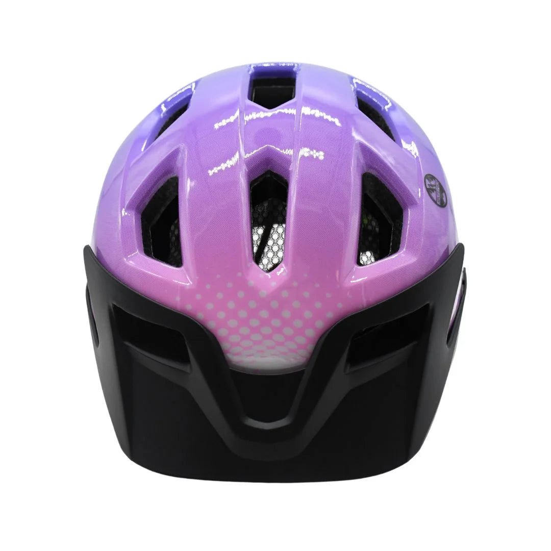 Front view of a pink and purple junior cycling helmet with black lower section and wide ventilation openings on a white background