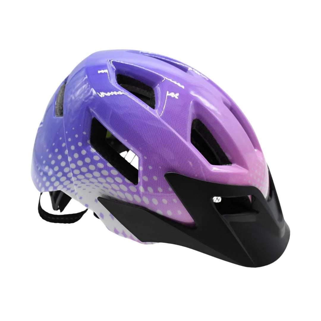 Side angled view of a pink and purple junior cycling helmet with black visor and airflow vents on white background
