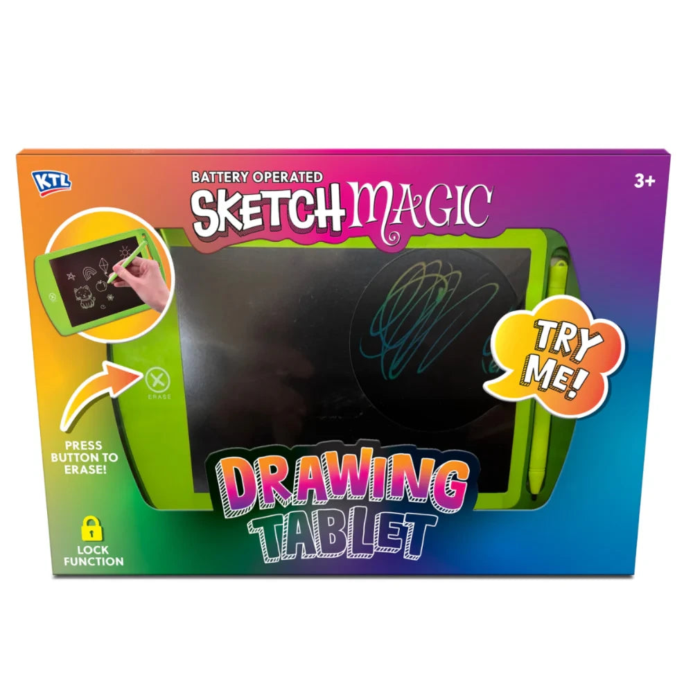 Sketch Magic battery operated drawing tablet in colourful packaging with a green tablet, stylus, erase button and lock function.
