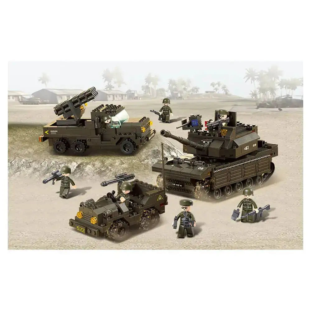 Sluban Fields Battle Forces set displayed in a desert scene with a tracked tank, six wheel rocket launcher truck, military jeep and soldier figures