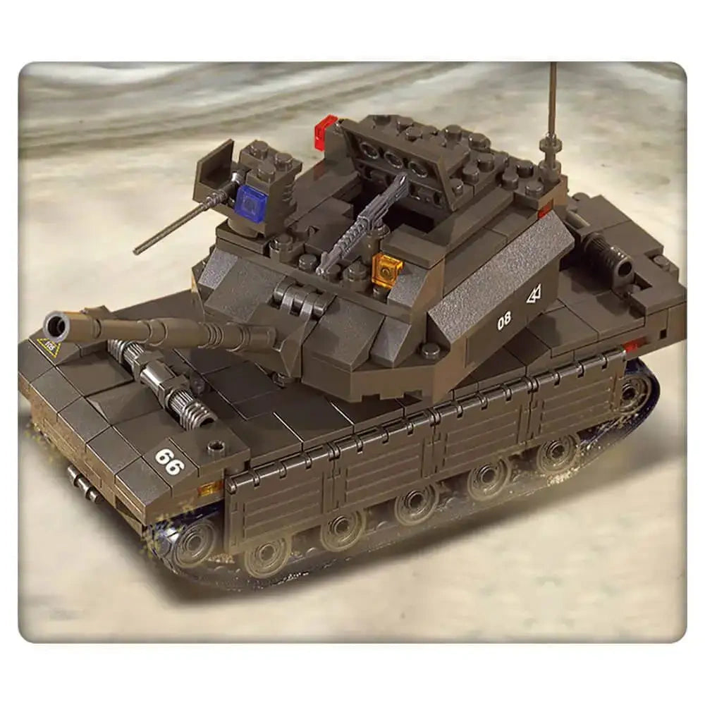 Close view of the Sluban Fields Battle Forces dark green tracked tank with long main gun, rotating turret, mounted weapons, antenna and side track detail