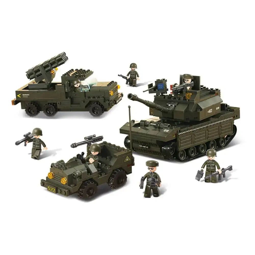 Sluban Fields Battle Forces models showing the dark green tracked tank with turret, six wheel rocket launcher truck, open military jeep and seven soldier figures with accessories