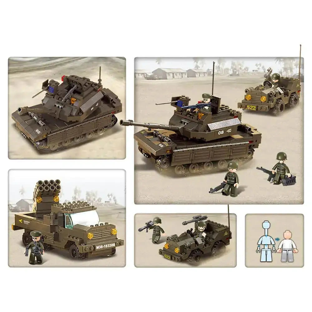 Sluban Fields Battle Forces feature graphic showing multiple views of the tracked tank, rocket launcher truck and military jeep with soldier figures and figure construction detail