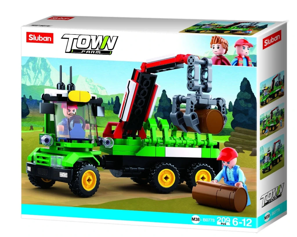 Sluban Town Farm M38-B0778 box front showing the green log truck, red crane with grey claw, two worker figures, brown logs, 209 piece count and 6 to 12 age marking
