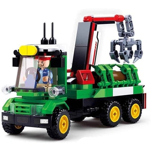 Sluban Log Trailer Large shown from the front with driver seated inside the green cab, yellow roof light, red crane, grey claw and brown log cargo secured behind the cab