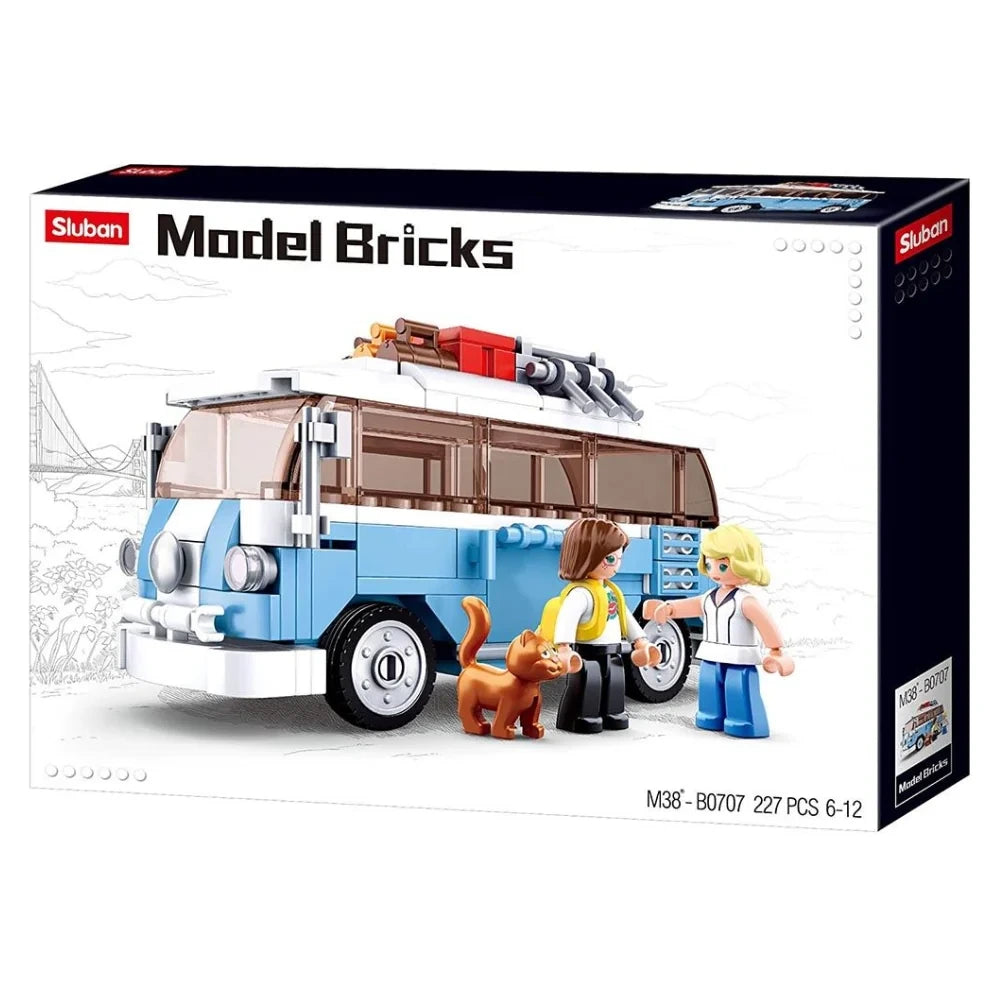 Sluban Model Bricks T1 Car box angled view showing the blue and white campervan and Model Bricks packaging