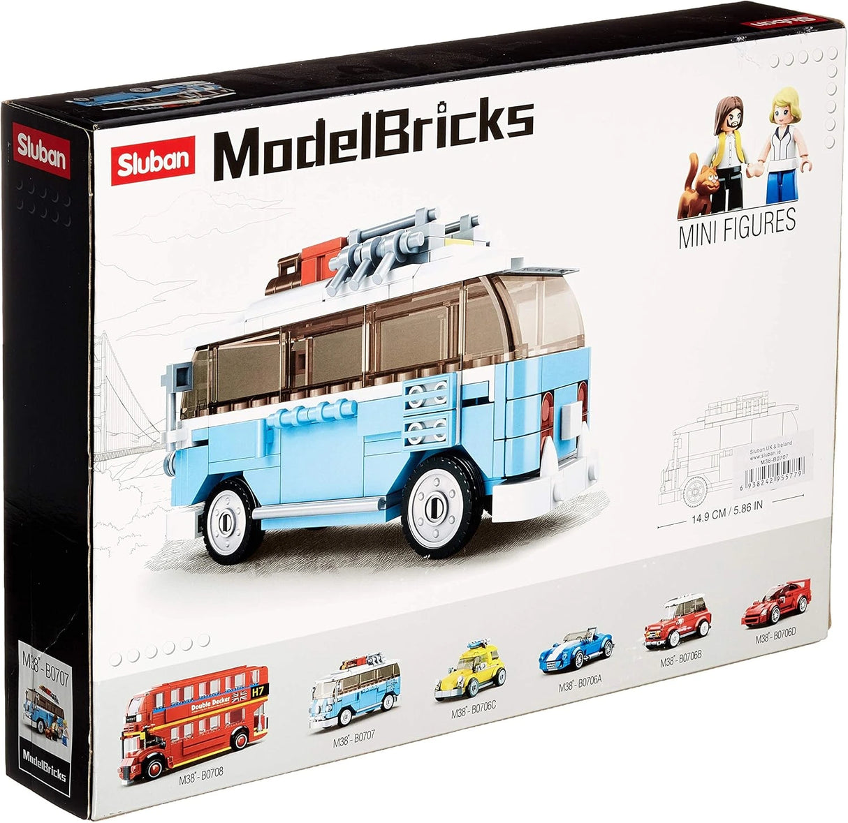 Back of Sluban Model Bricks T1 Car box showing the completed campervan, 2 minifigures, cat figure and 14.9 cm model length