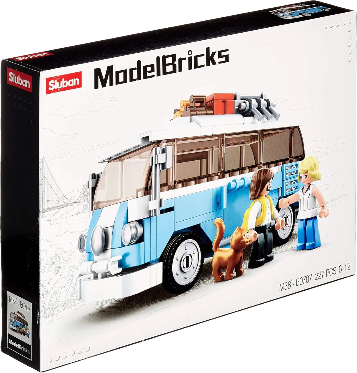Front of Sluban Model Bricks T1 Car box showing the blue campervan, 2 minifigures, cat figure and 227 piece count
