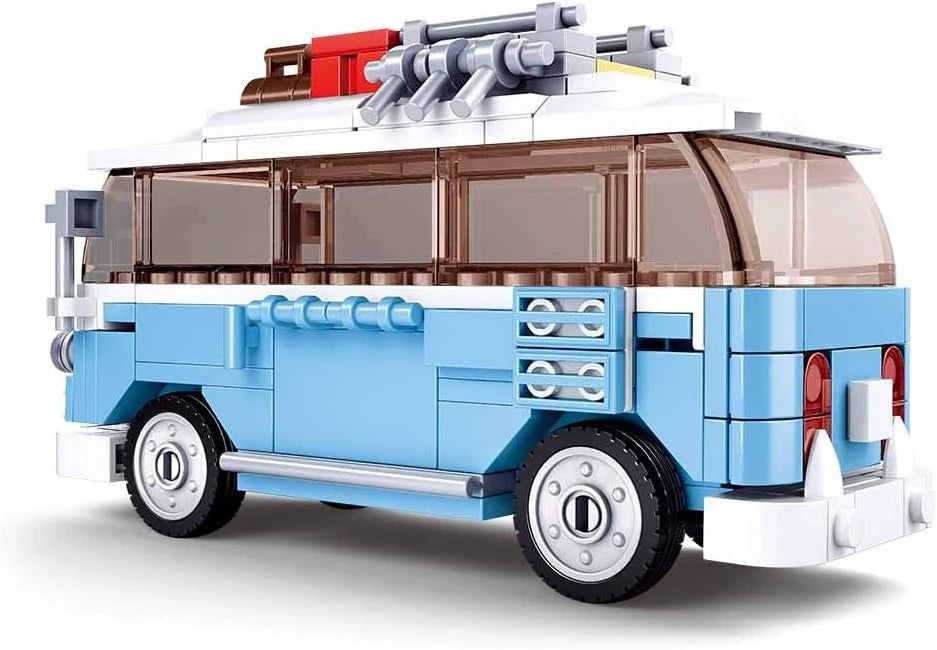 Sluban Model Bricks T1 Car rear side view showing the blue and white campervan, roof rack, rear lights and wheels
