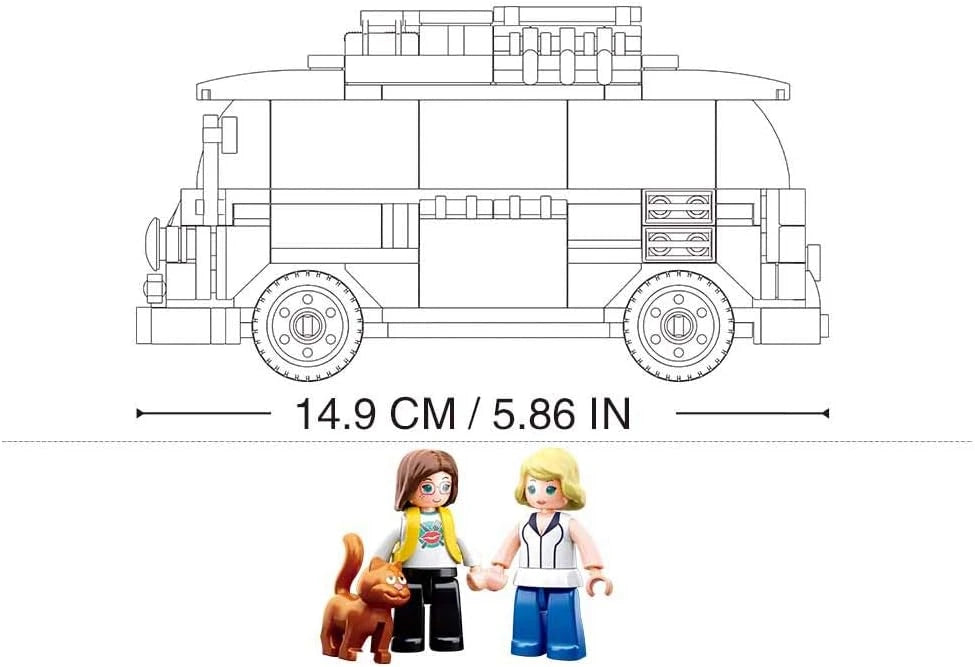 Sluban Model Bricks T1 Car diagram showing the 14.9 cm campervan length with 2 minifigures and cat figure