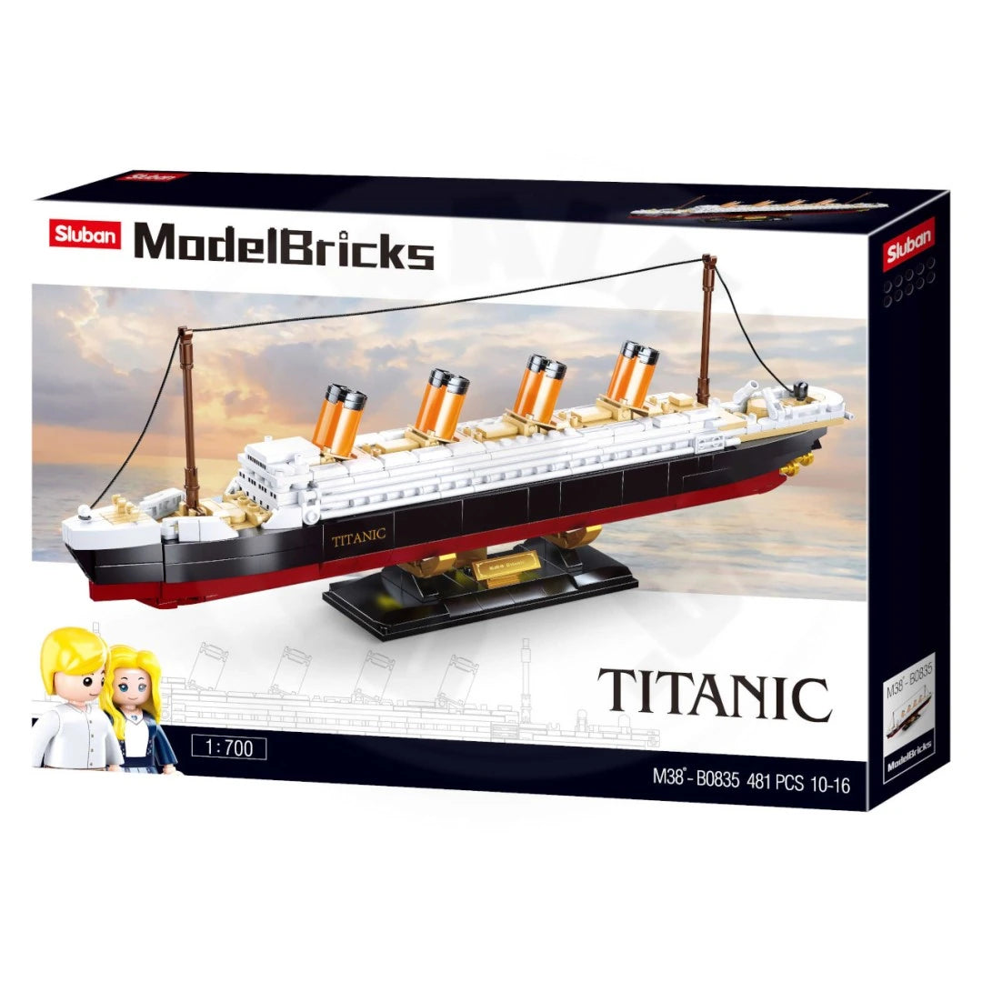 Front of Sluban ModelBricks Titanic 1:700 box showing the 481 piece ship model, two figures and display stand