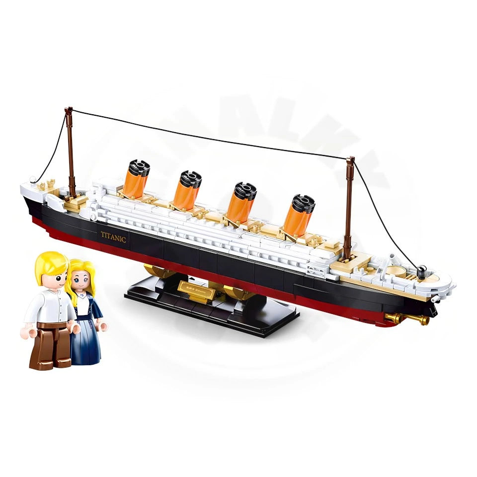 Sluban ModelBricks Titanic 1:700 completed model on display stand with two included figures beside the ship
