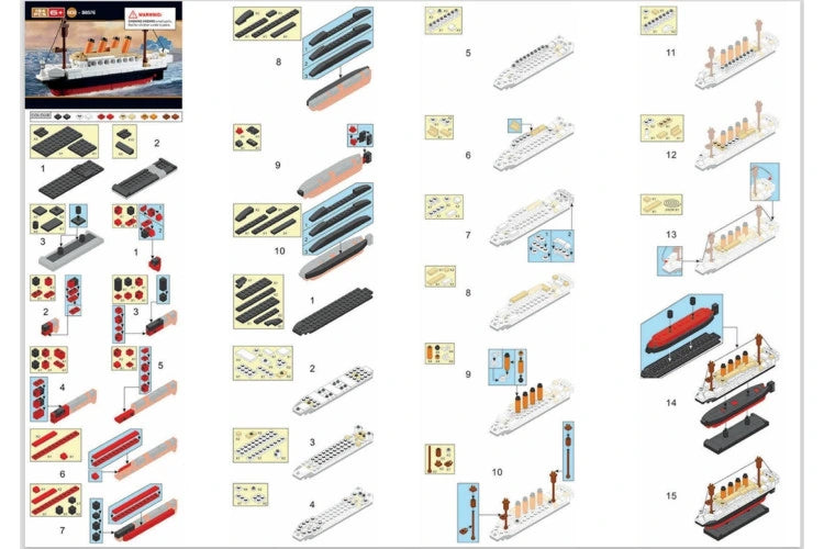 Sluban Titanic Small building instructions showing the 15 assembly stages for the 194 piece ship model