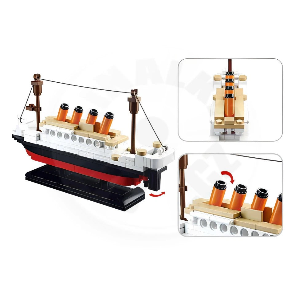 Sluban Titanic Small model showing the ship on its display stand with detailed deck and funnel views