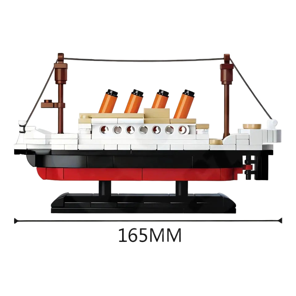 Sluban Titanic Small model side view showing the 165 mm finished length, four funnels, masts and display stand